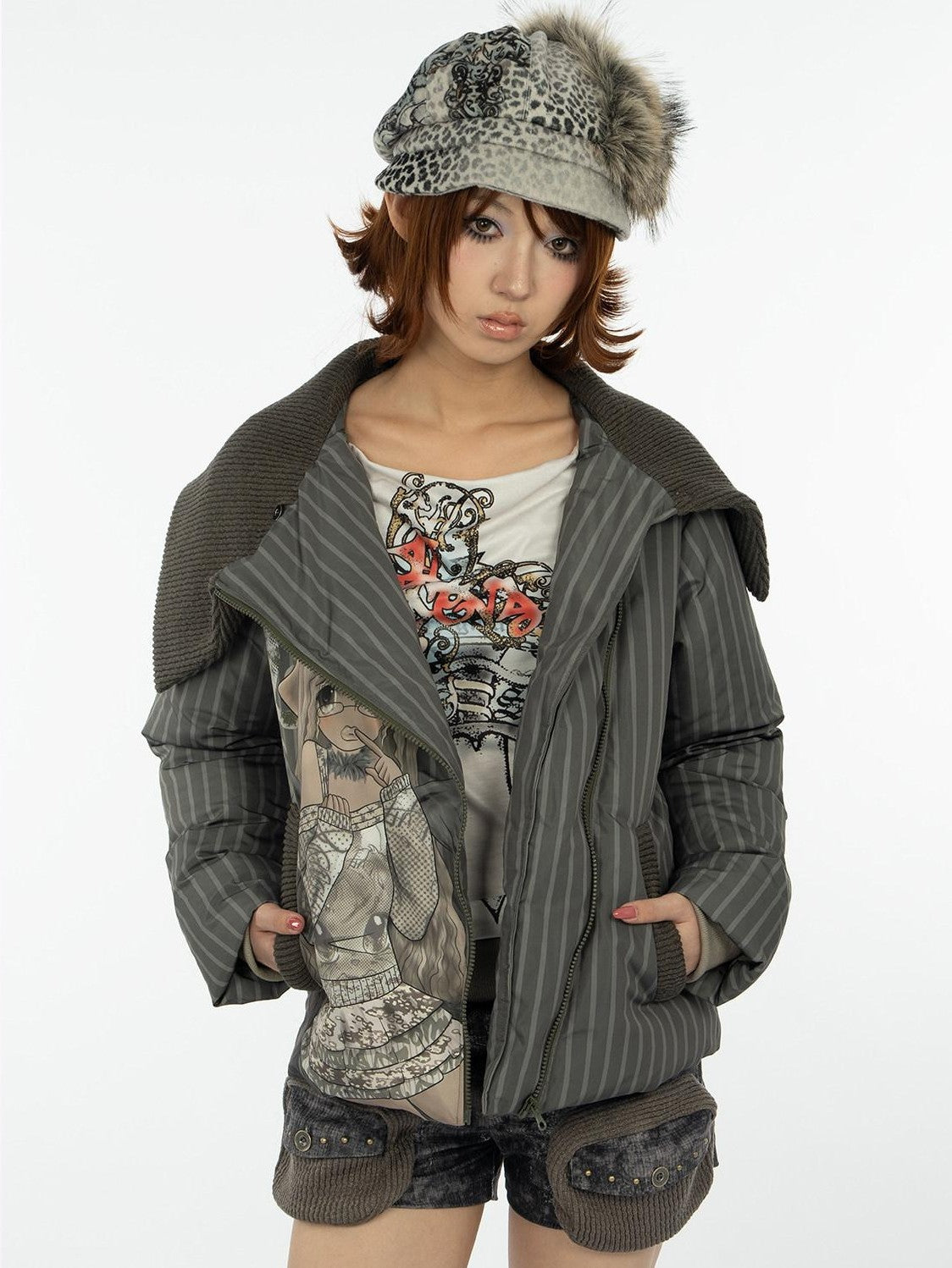 4RE1GN Striped Handpainted Cartoon Graffiti Women's Knit Collar Down Jackets