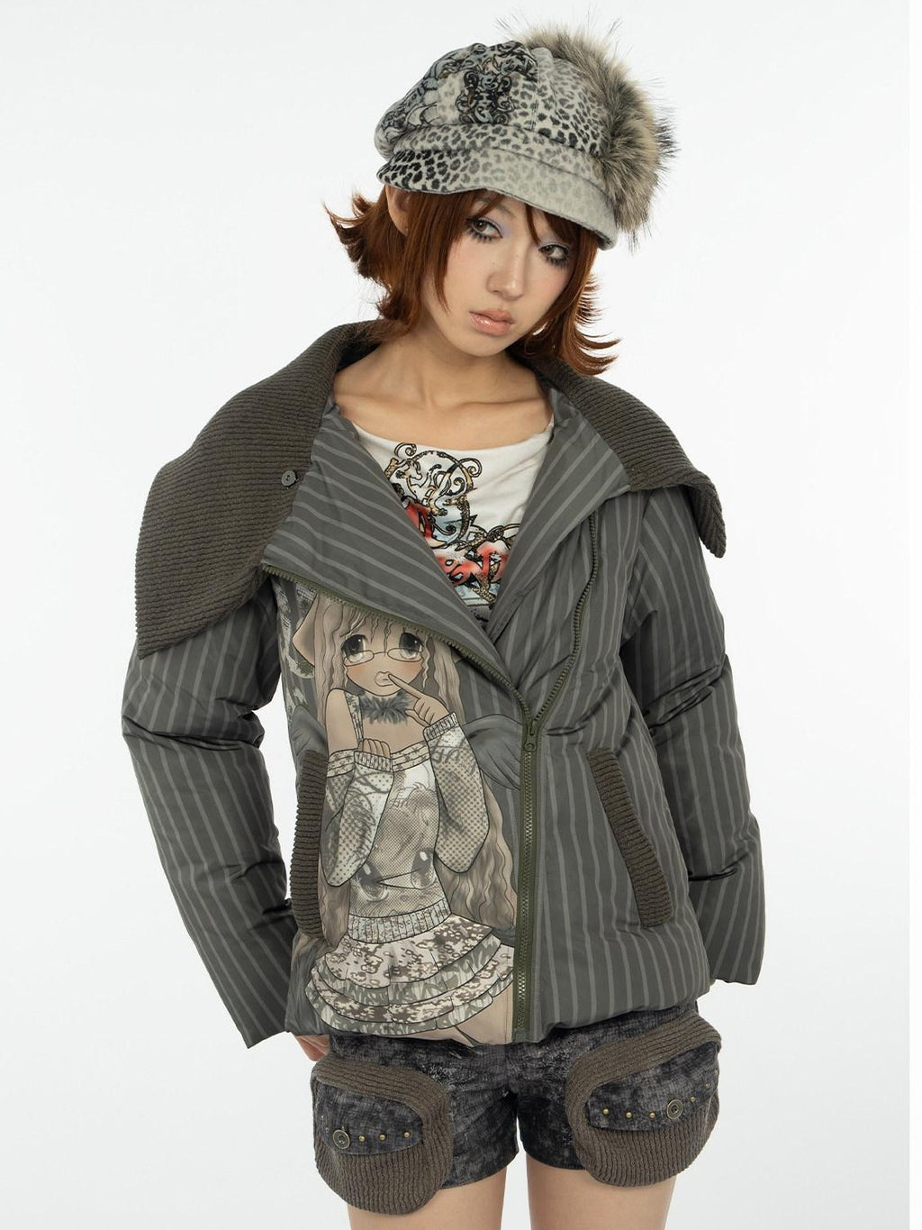4RE1GN Striped Handpainted Cartoon Graffiti Women's Knit Collar Down Jackets