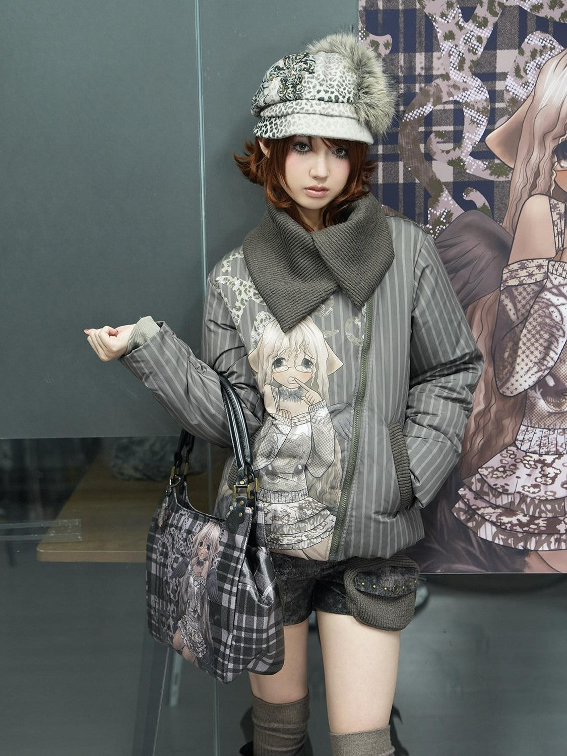 4RE1GN Striped Handpainted Cartoon Graffiti Women's Knit Collar Down Jackets
