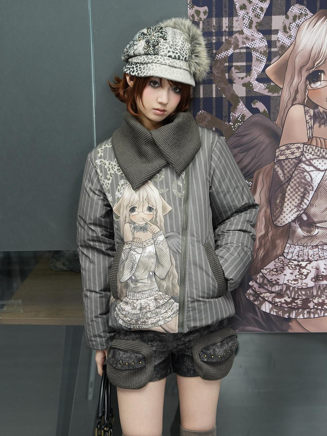 4RE1GN Striped Handpainted Cartoon Graffiti Women's Knit Collar Down Jackets