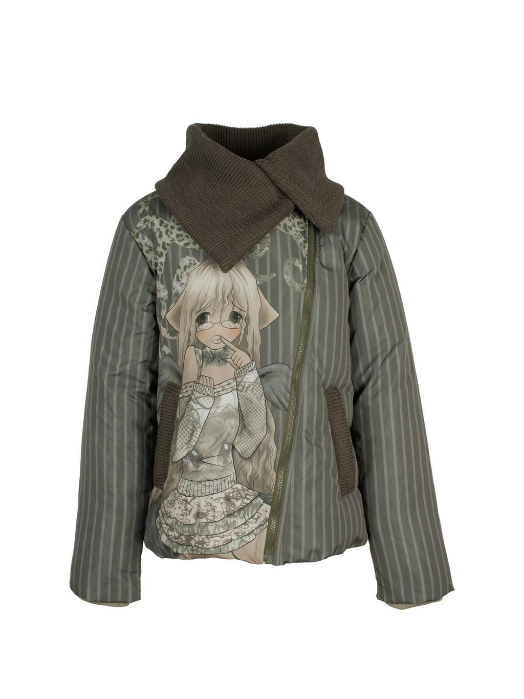 4RE1GN Striped Handpainted Cartoon Graffiti Women's Knit Collar Down Jackets