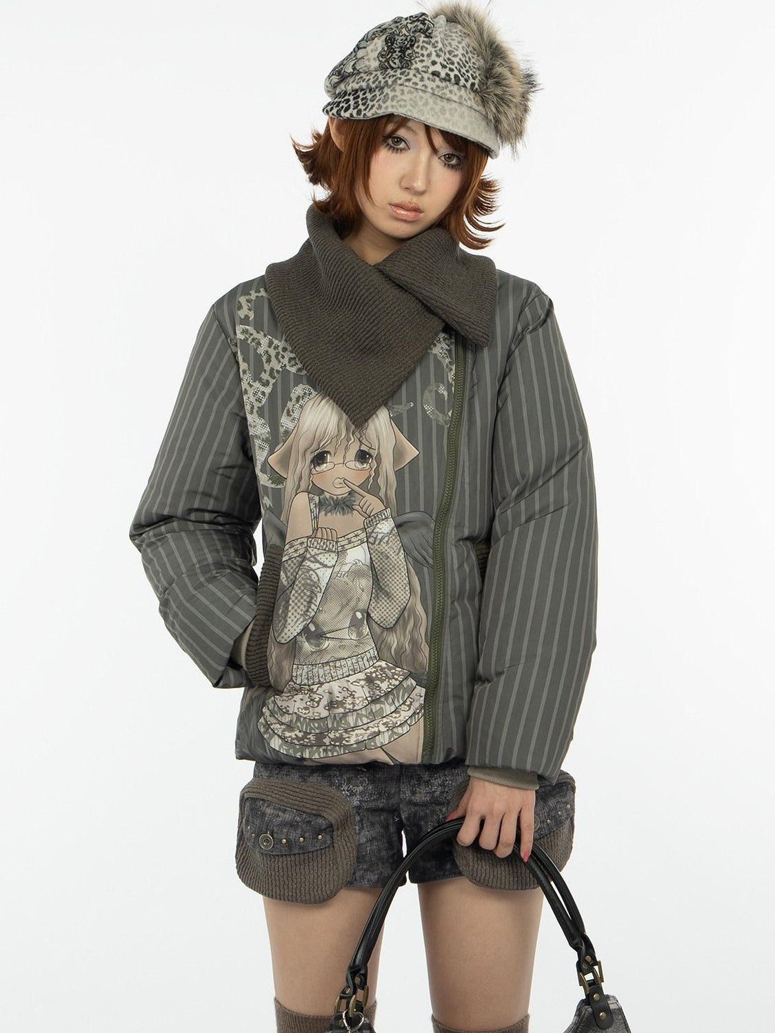 4RE1GN Striped Handpainted Cartoon Graffiti Women's Knit Collar Down Jackets
