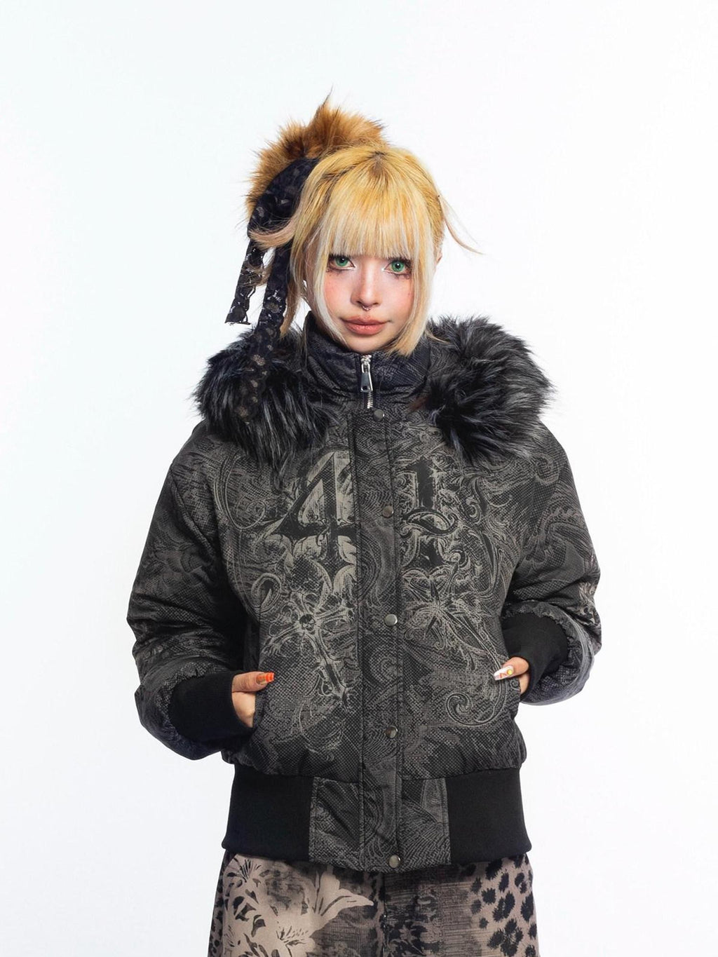 4RE1GN Subtle Jacquard Gothic Floral Print Fur Collar Women's Polyester Down Jackets