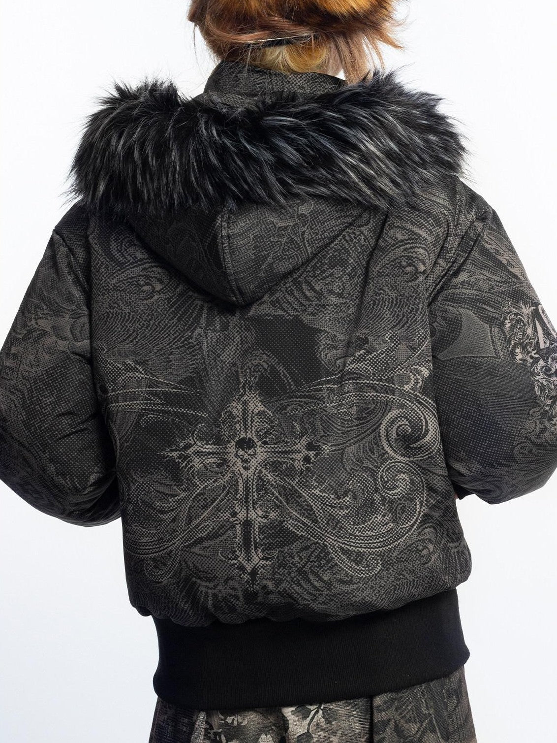 4RE1GN Subtle Jacquard Gothic Floral Print Fur Collar Women's Polyester Down Jackets