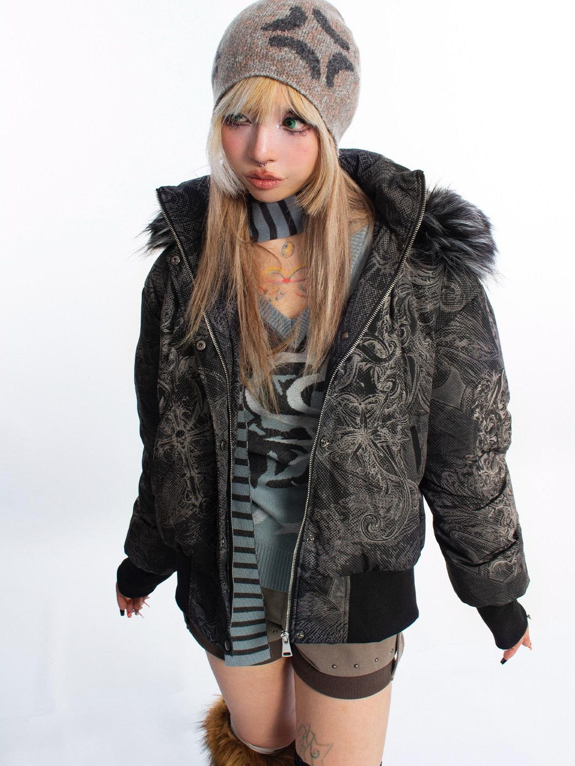4RE1GN Subtle Jacquard Gothic Floral Print Fur Collar Women's Polyester Down Jackets