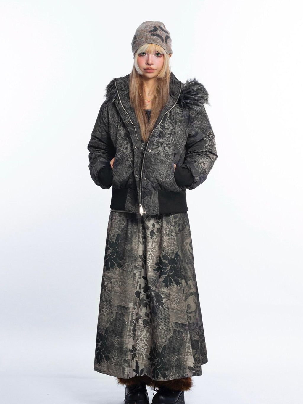 4RE1GN Subtle Jacquard Gothic Floral Print Fur Collar Women's Polyester Down Jackets