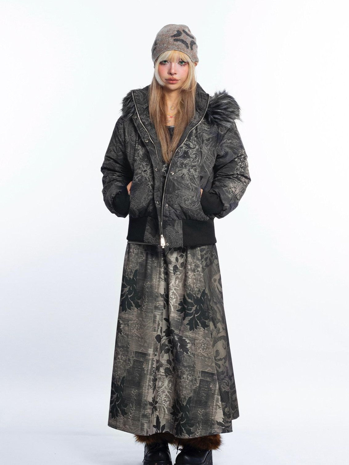 4RE1GN Subtle Jacquard Gothic Floral Print Fur Collar Women's Polyester Down Jackets