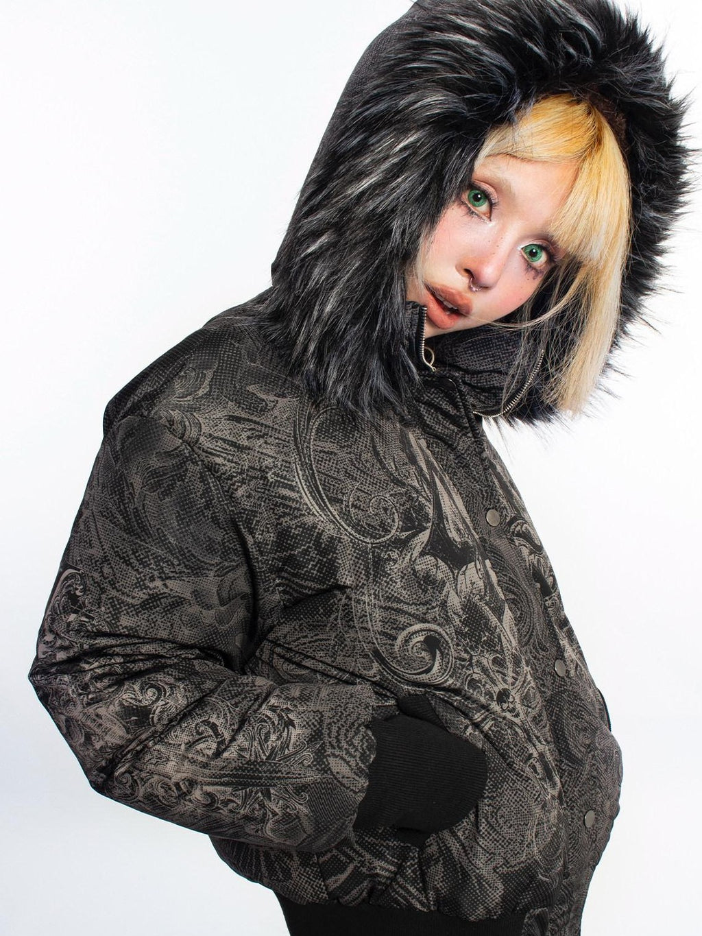 4RE1GN Subtle Jacquard Gothic Floral Print Fur Collar Women's Polyester Down Jackets