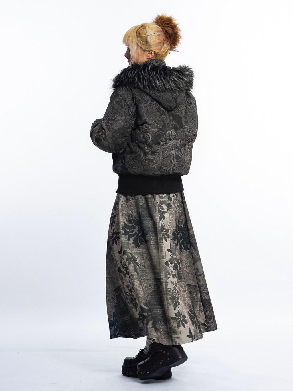 4RE1GN Subtle Jacquard Gothic Floral Print Fur Collar Women's Polyester Down Jackets