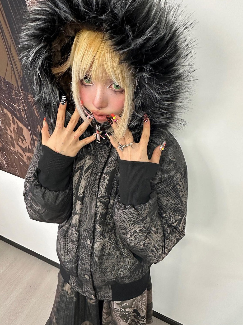4RE1GN Subtle Jacquard Gothic Floral Print Fur Collar Women's Polyester Down Jackets