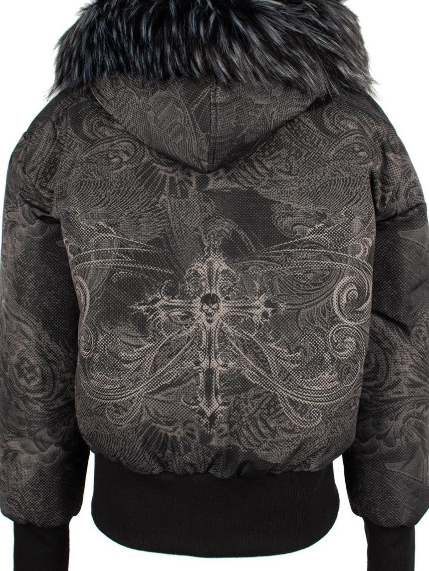 4RE1GN Subtle Jacquard Gothic Floral Print Fur Collar Women's Polyester Down Jackets