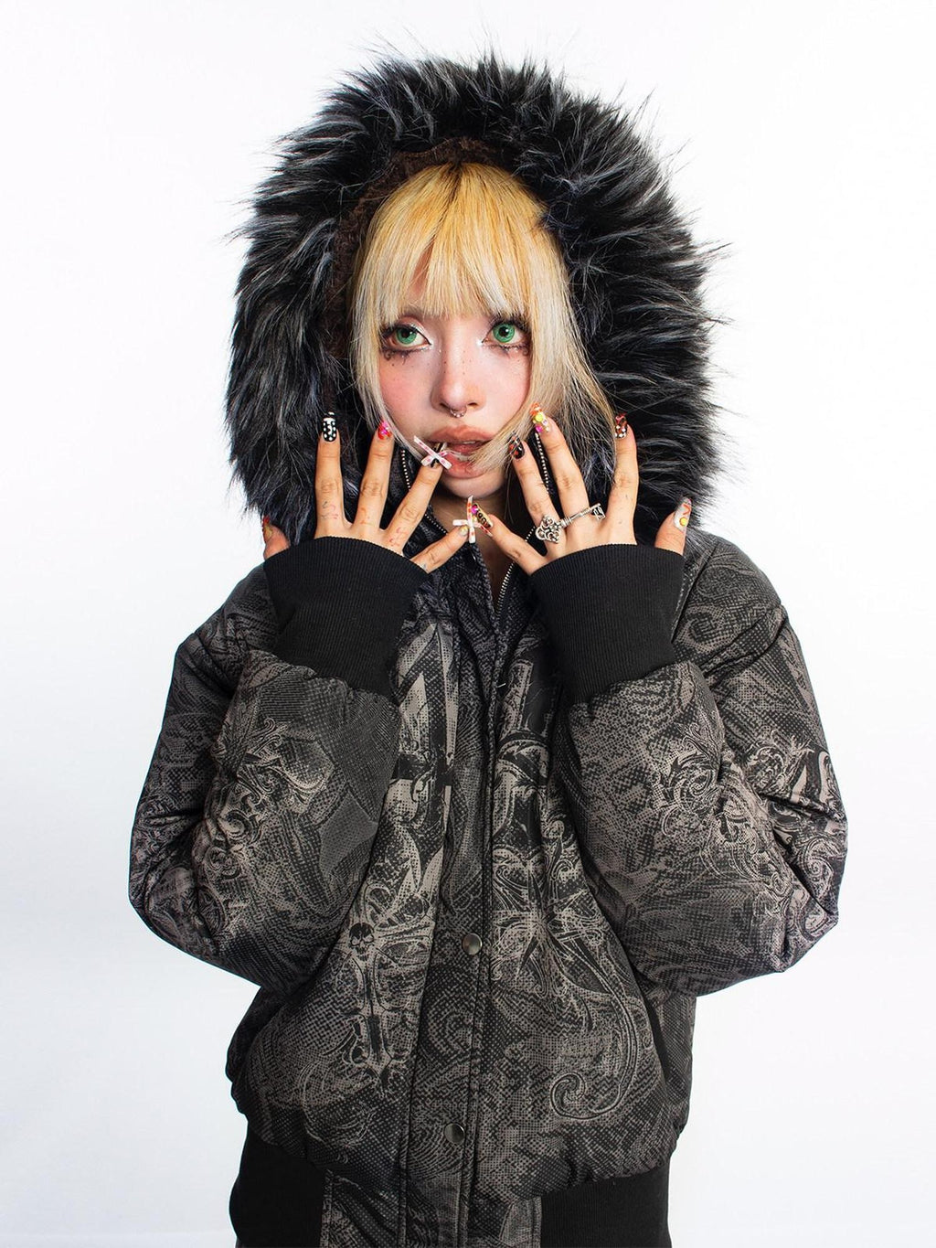 4RE1GN Subtle Jacquard Gothic Floral Print Fur Collar Women's Polyester Down Jackets