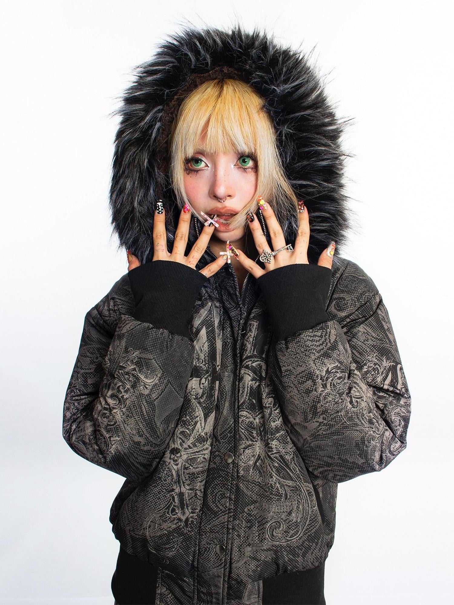 4RE1GN Subtle Jacquard Gothic Floral Print Fur Collar Women's Polyester Down Jackets