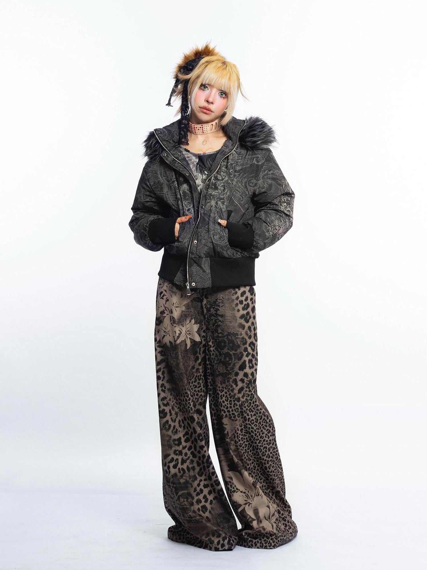 4RE1GN Subtle Jacquard Gothic Floral Print Fur Collar Women's Polyester Down Jackets