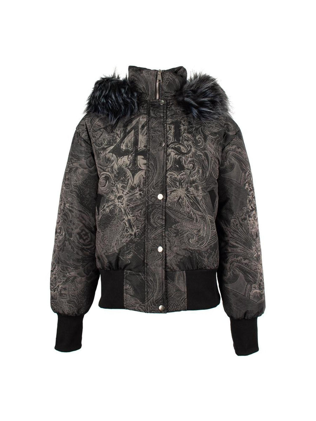 4RE1GN Subtle Jacquard Gothic Floral Print Fur Collar Women's Polyester Down Jackets