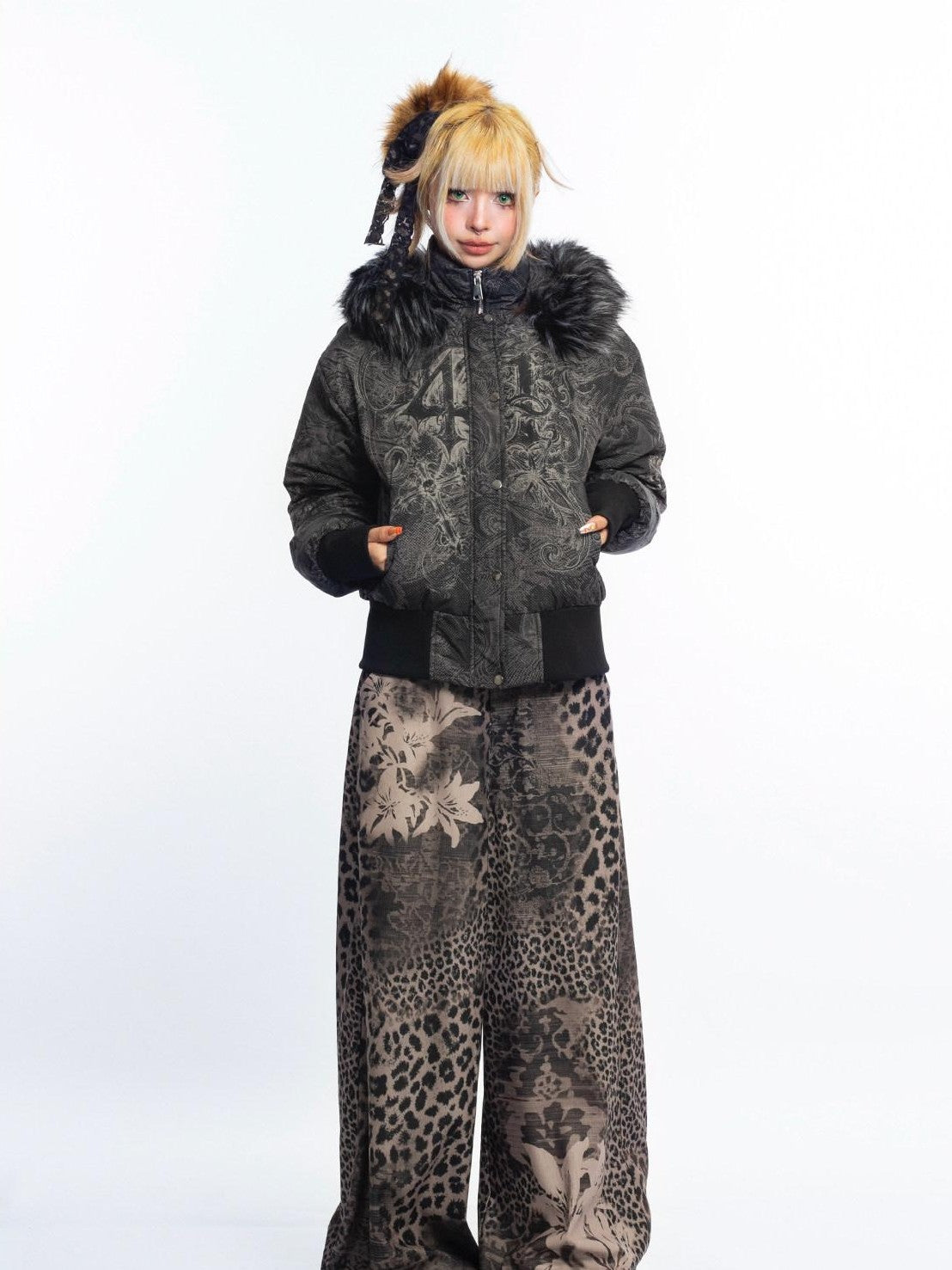 4RE1GN Subtle Jacquard Gothic Floral Print Fur Collar Women's Polyester Down Jackets