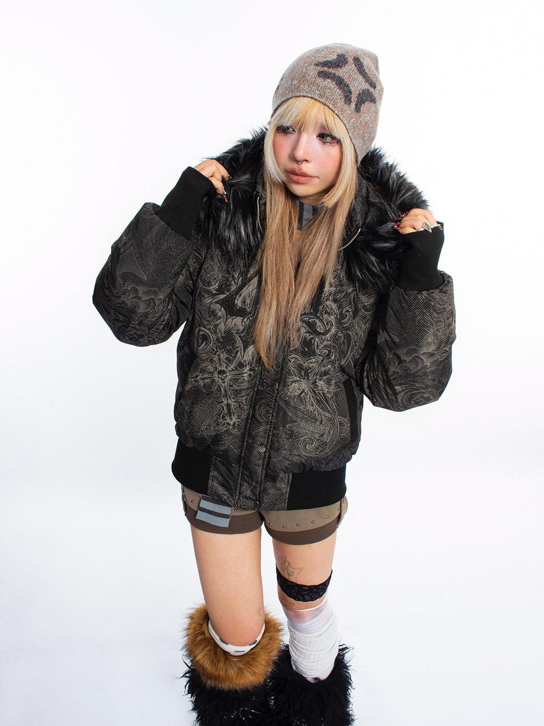 4RE1GN Subtle Jacquard Gothic Floral Print Fur Collar Women's Polyester Down Jackets
