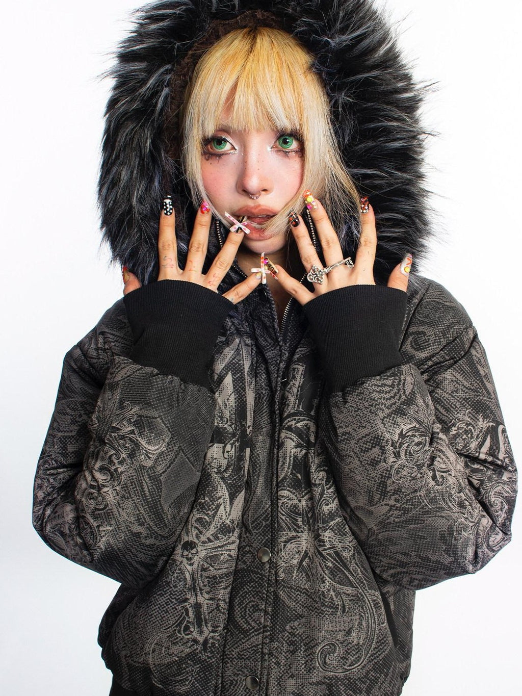 4RE1GN Subtle Jacquard Gothic Floral Print Fur Collar Women's Polyester Down Jackets
