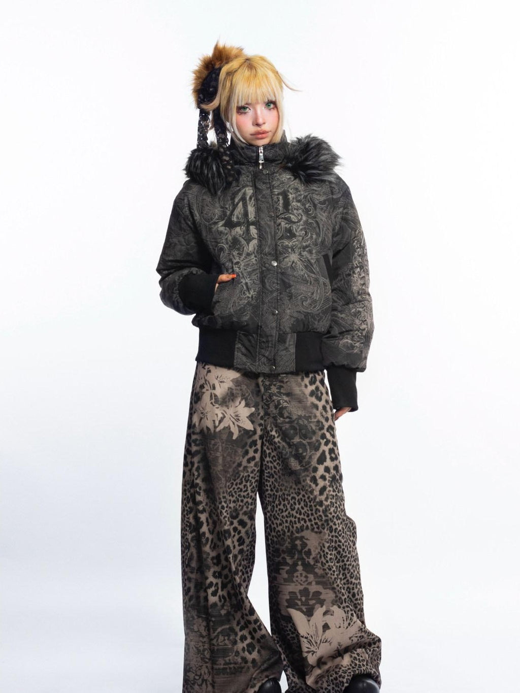 4RE1GN Subtle Jacquard Gothic Floral Print Fur Collar Women's Polyester Down Jackets