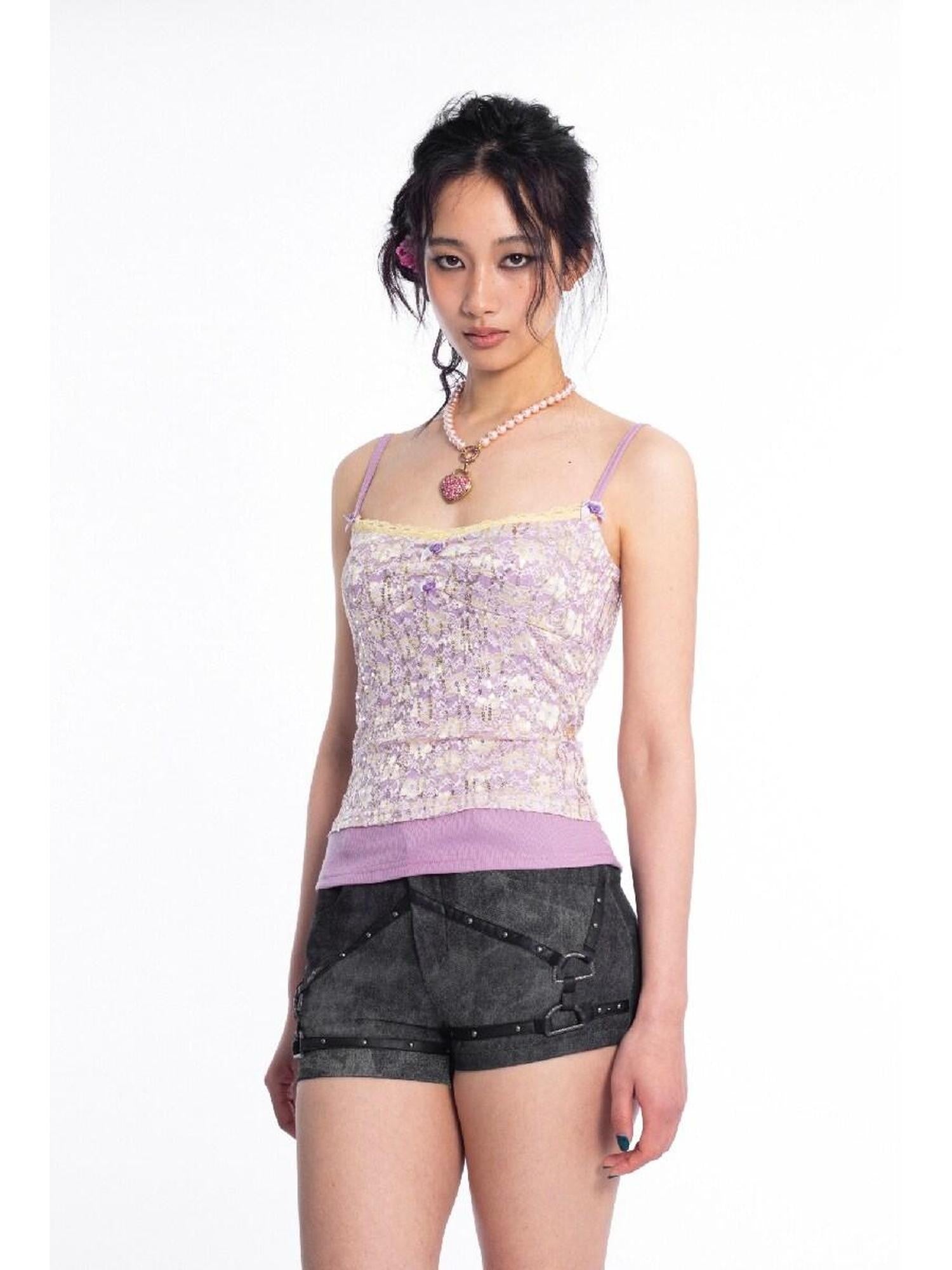4RE1GN Tie Dye Textured Spliced Patchwork Studded Women's Denim Shorts