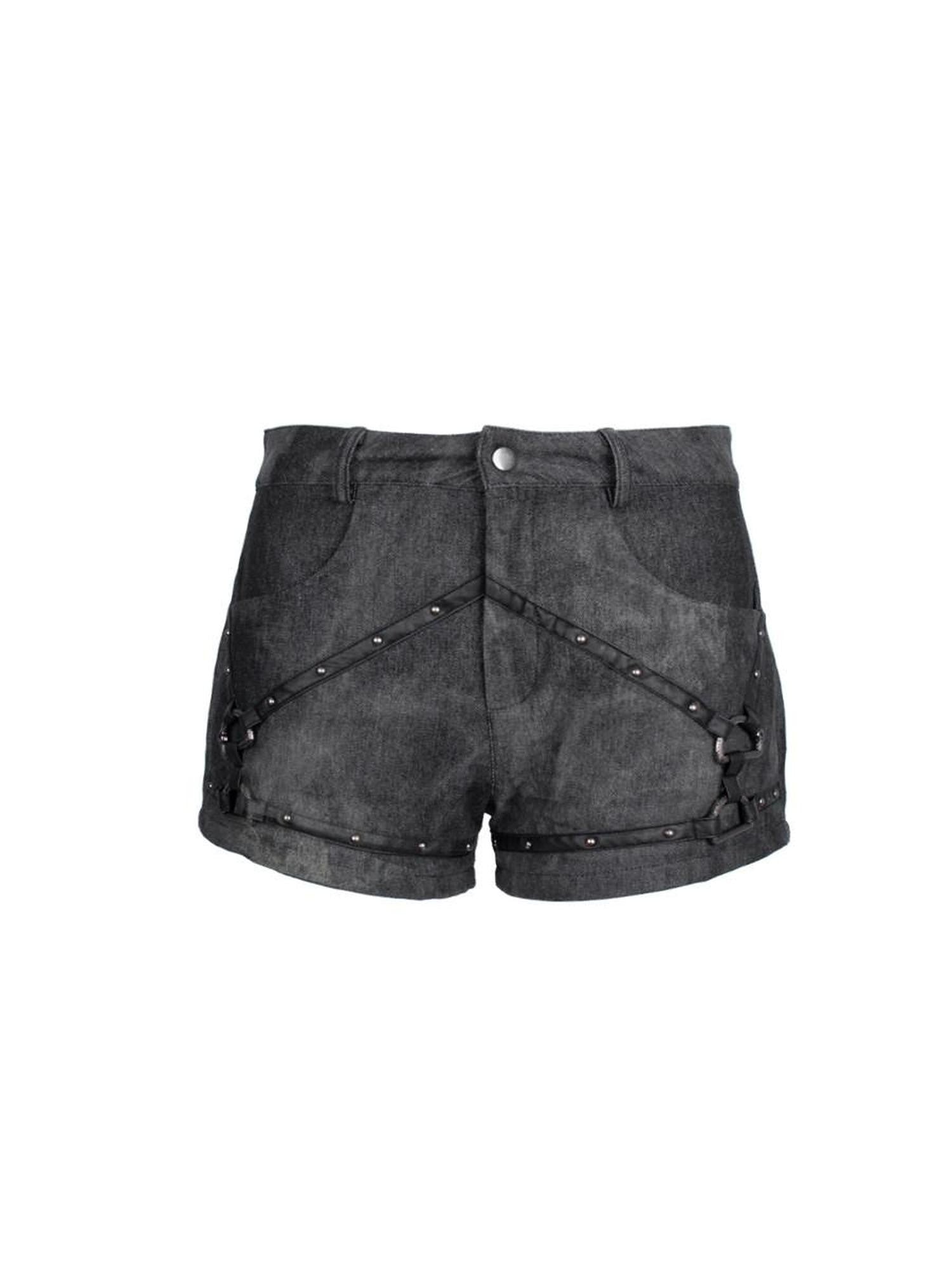 4RE1GN Tie Dye Textured Spliced Patchwork Studded Women's Denim Shorts
