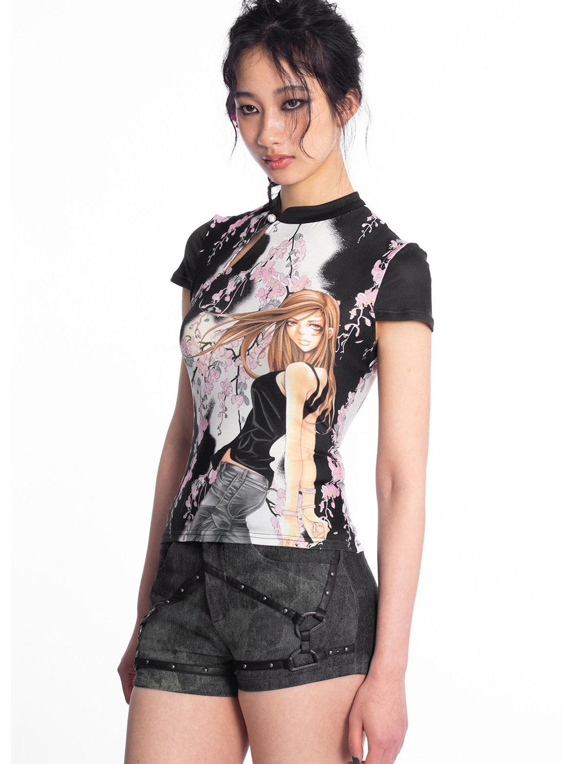 4RE1GN Tie Dye Textured Spliced Patchwork Studded Women's Denim Shorts