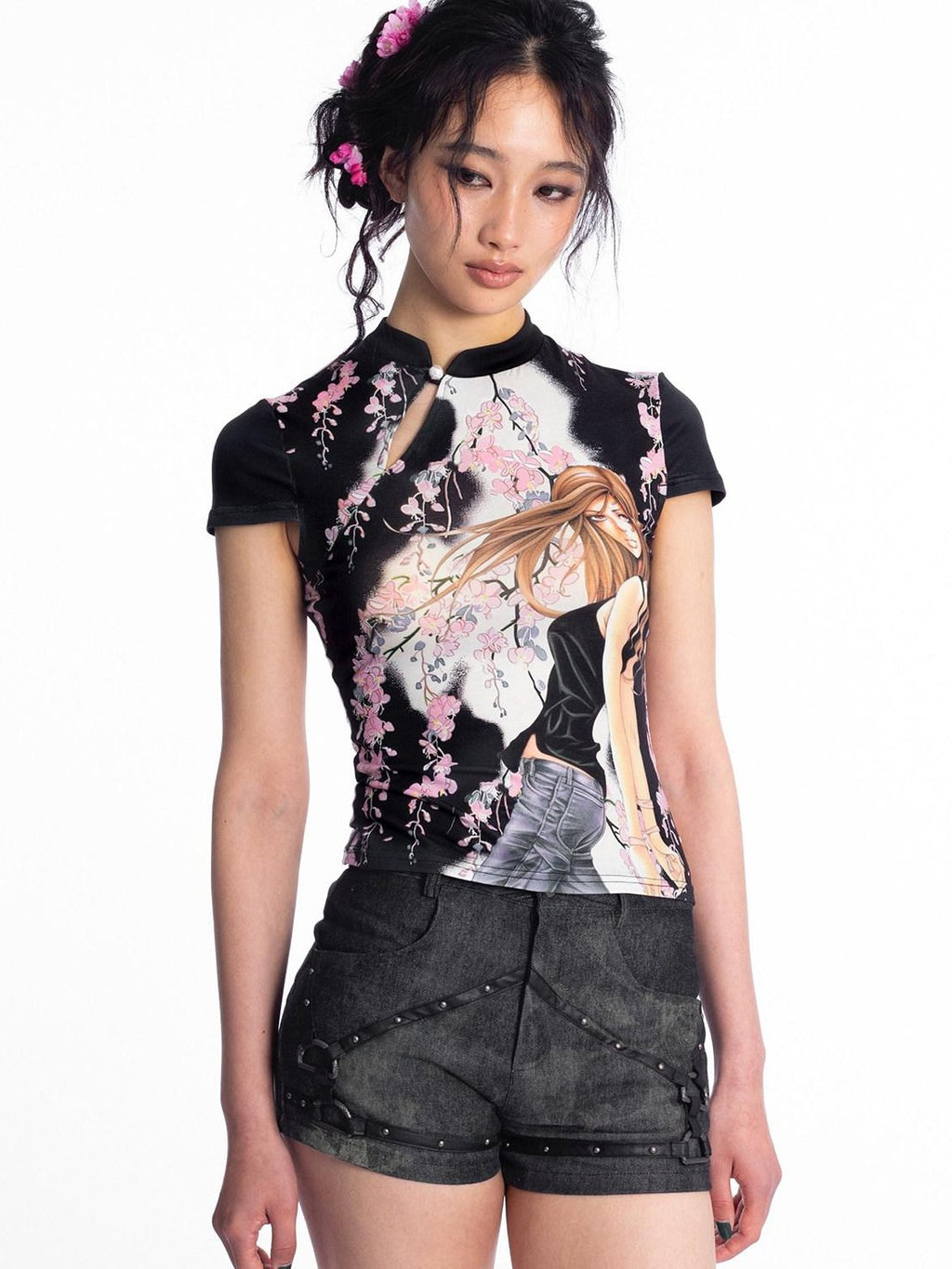 4RE1GN Tie Dye Textured Spliced Patchwork Studded Women's Denim Shorts