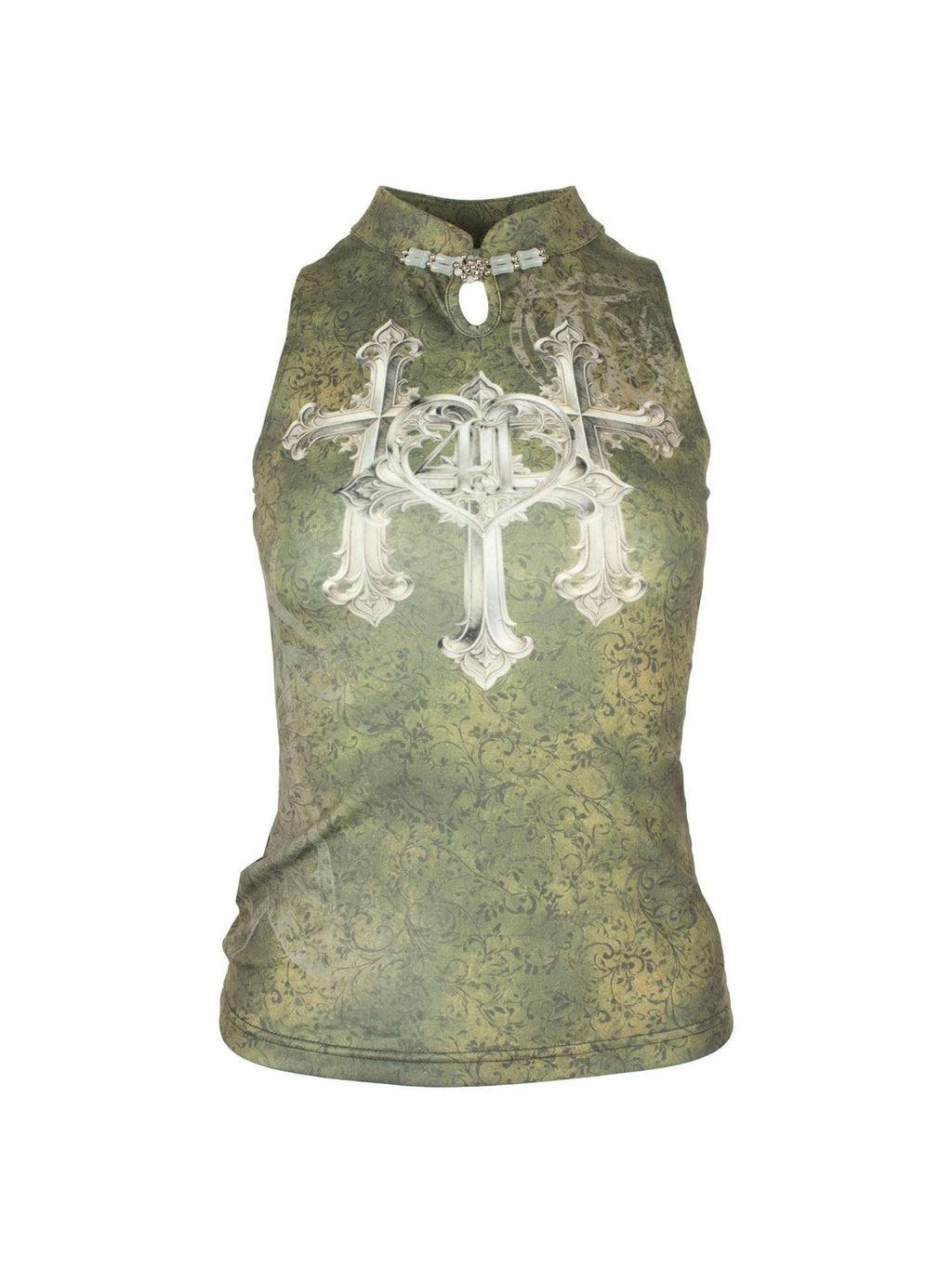4RE1GN Triple Cross Badge Floral Print Cheongsam Collar Button Slim Women's Halter Tops