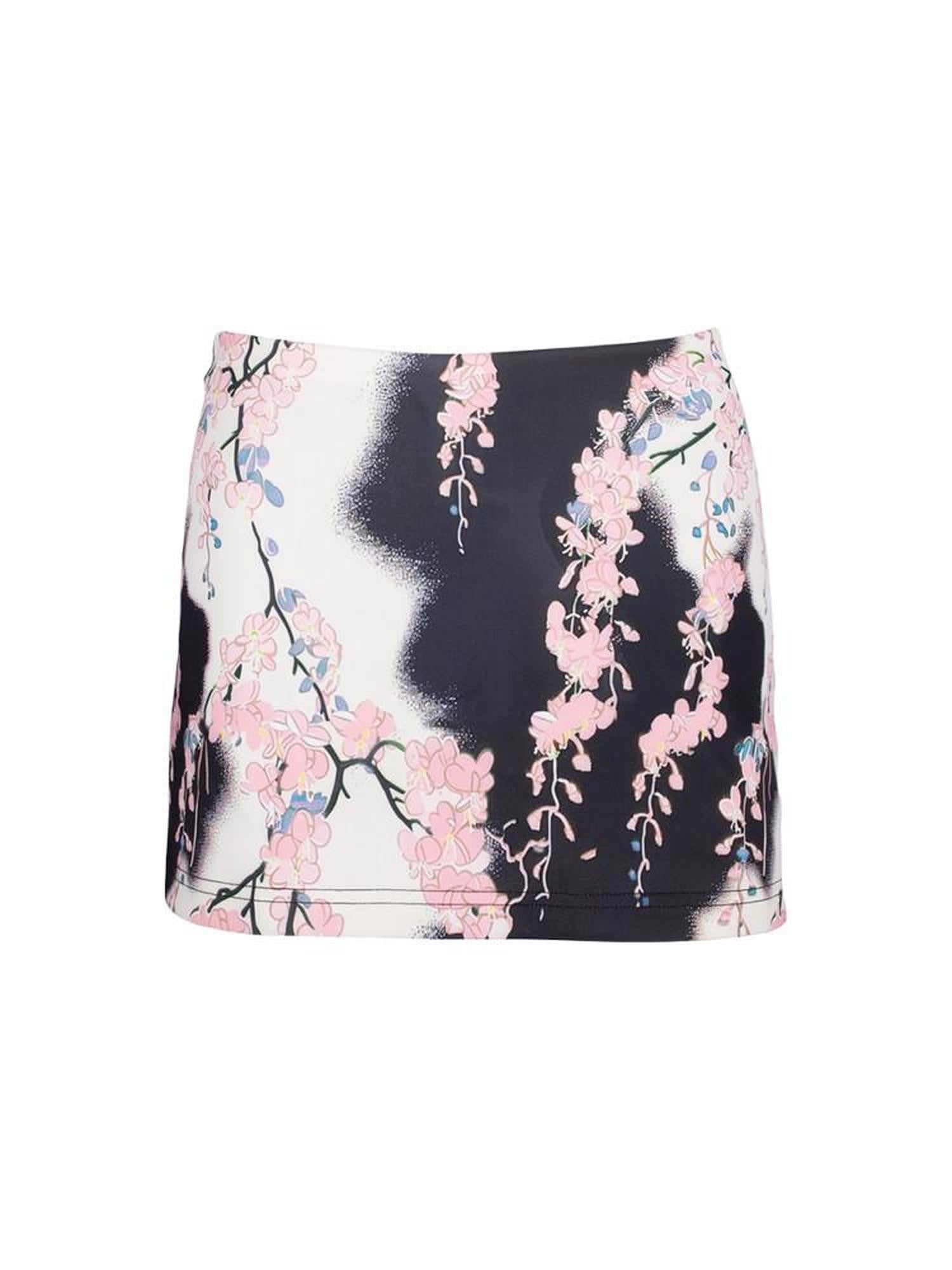 4RE1GN Vintage Black Pink Cherry Blossom Print Women's Polyester Mini Skirts