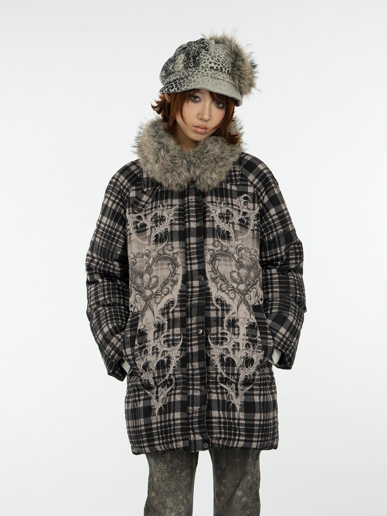4RE1GN Vintage Check Bear Heart Detachable Fur Women's 90 White Duck Down Down Jackets