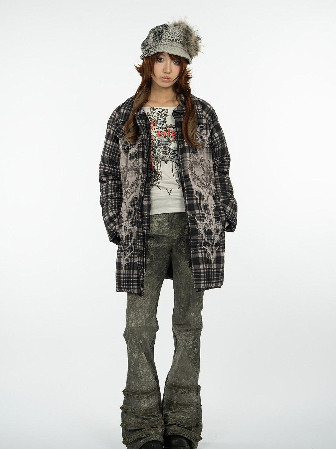 4RE1GN Vintage Check Bear Heart Detachable Fur Women's 90 White Duck Down Down Jackets