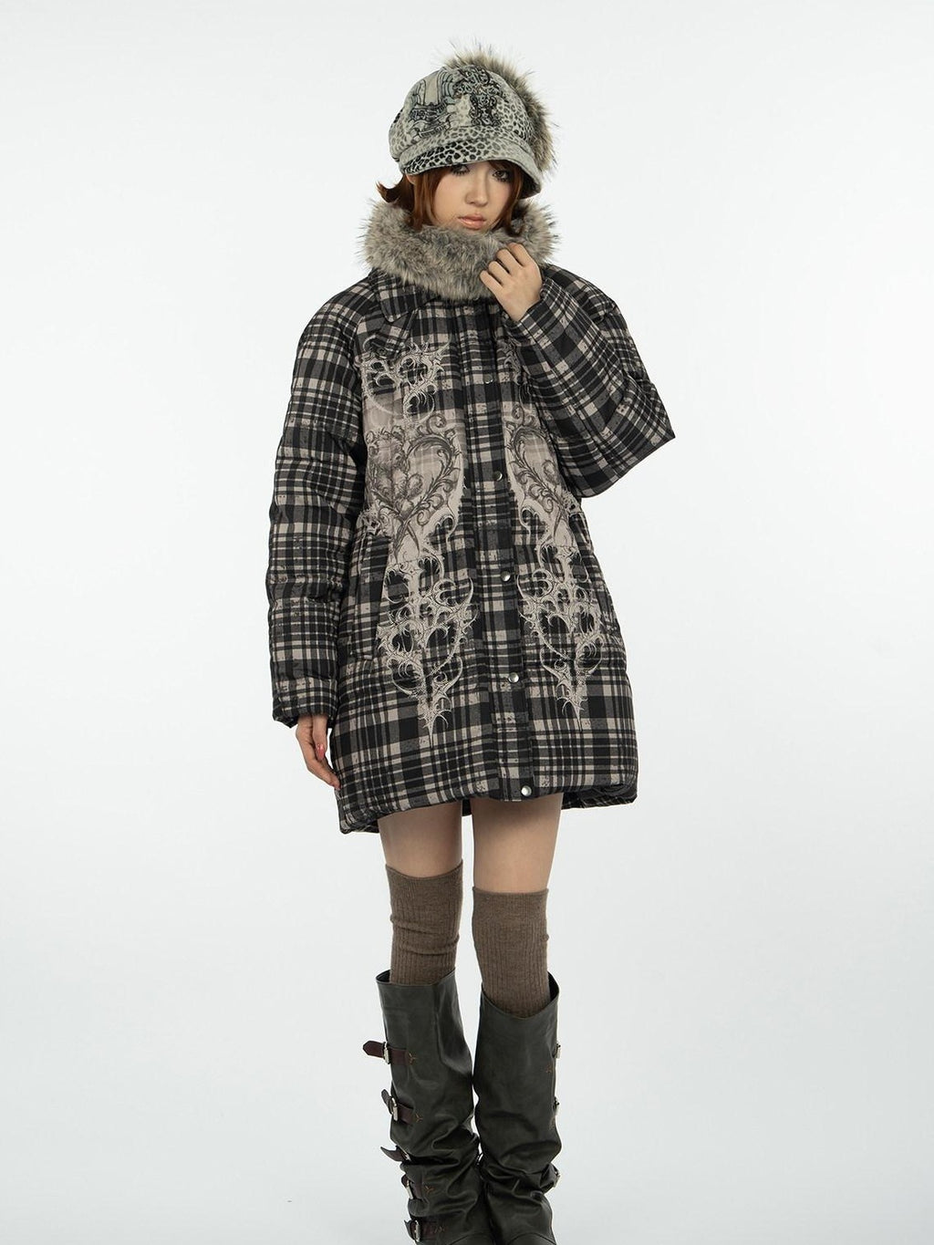 4RE1GN Vintage Check Bear Heart Detachable Fur Women's 90 White Duck Down Down Jackets