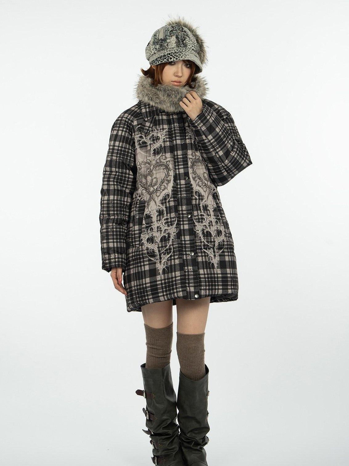 4RE1GN Vintage Check Bear Heart Detachable Fur Women's 90 White Duck Down Down Jackets