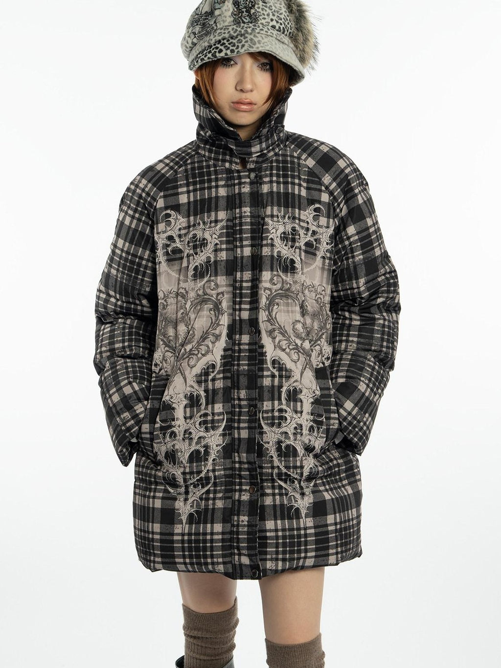 4RE1GN Vintage Check Bear Heart Detachable Fur Women's 90 White Duck Down Down Jackets