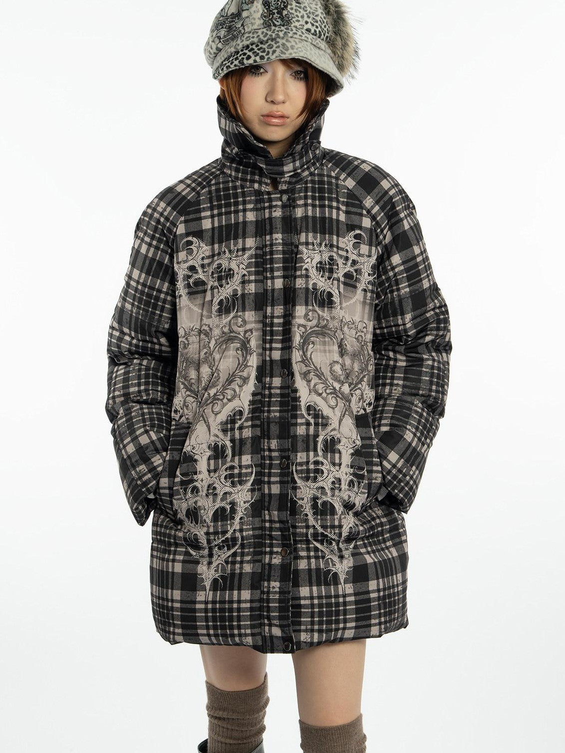 4RE1GN Vintage Check Bear Heart Detachable Fur Women's 90 White Duck Down Down Jackets