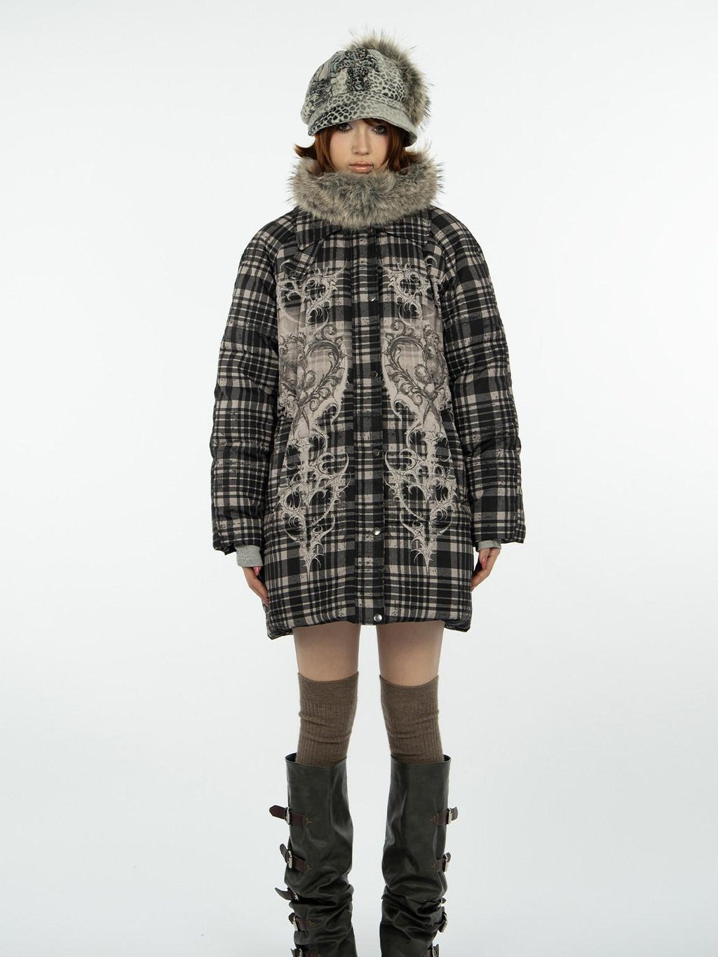 4RE1GN Vintage Check Bear Heart Detachable Fur Women's 90 White Duck Down Down Jackets