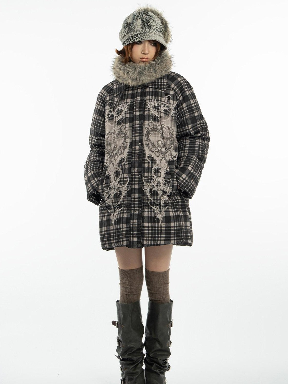 4RE1GN Vintage Check Bear Heart Detachable Fur Women's 90 White Duck Down Down Jackets