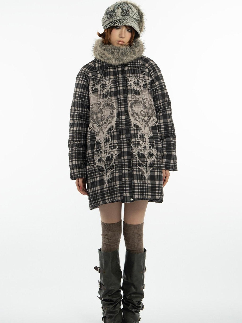 4RE1GN Vintage Check Bear Heart Detachable Fur Women's 90 White Duck Down Down Jackets