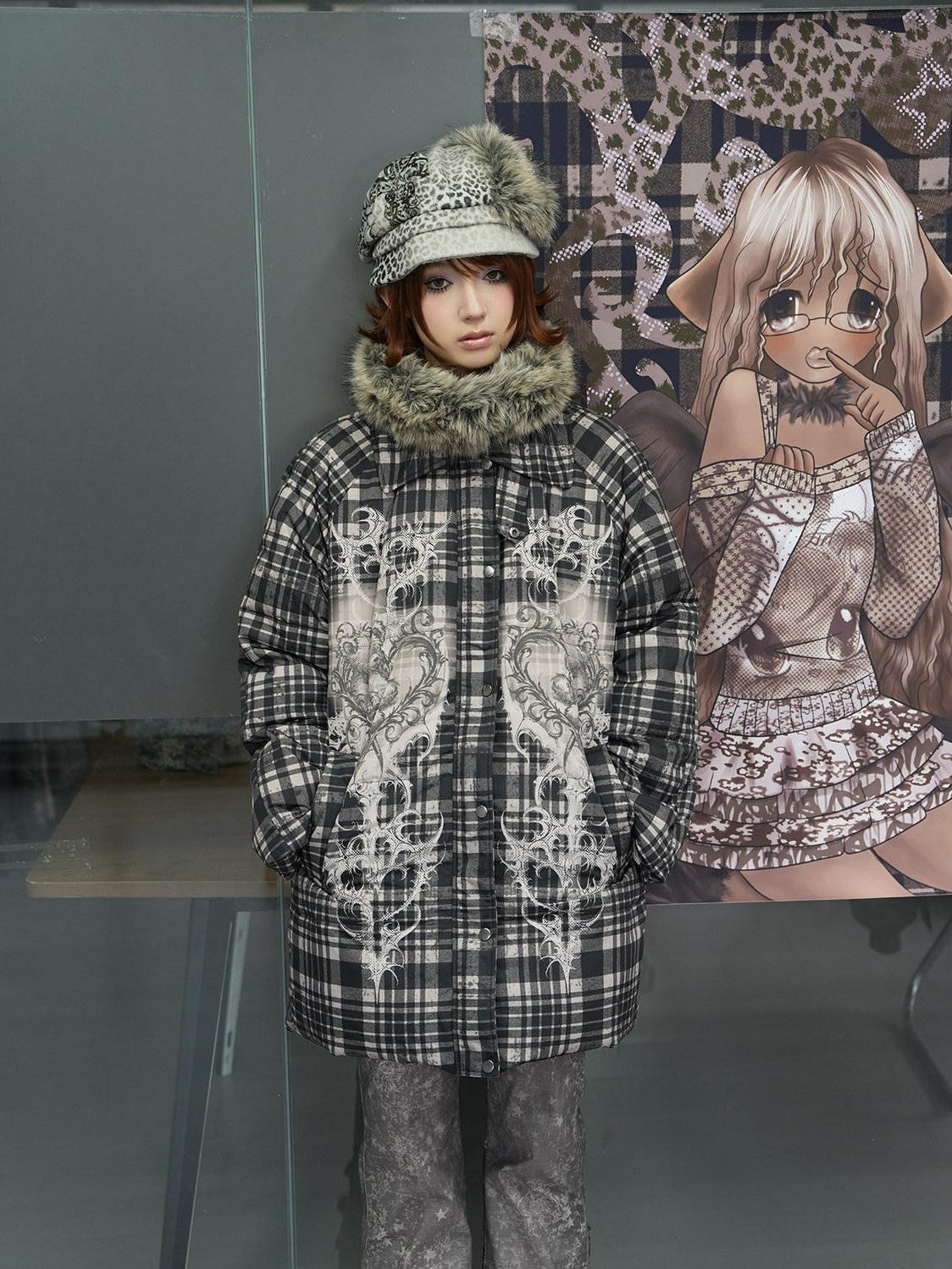 4RE1GN Vintage Check Bear Heart Detachable Fur Women's 90 White Duck Down Down Jackets