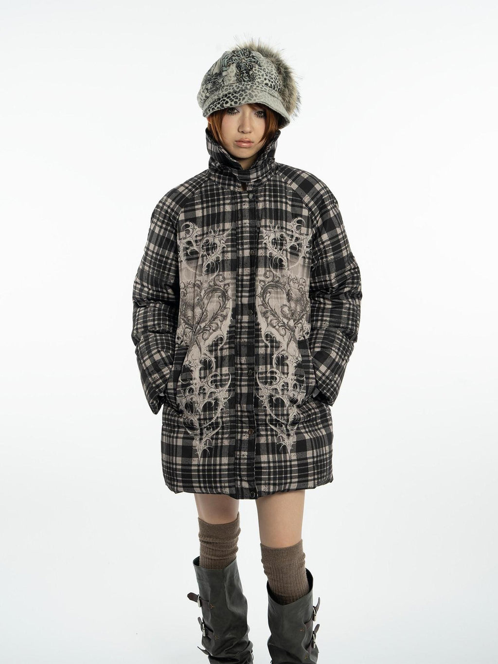 4RE1GN Vintage Check Bear Heart Detachable Fur Women's 90 White Duck Down Down Jackets