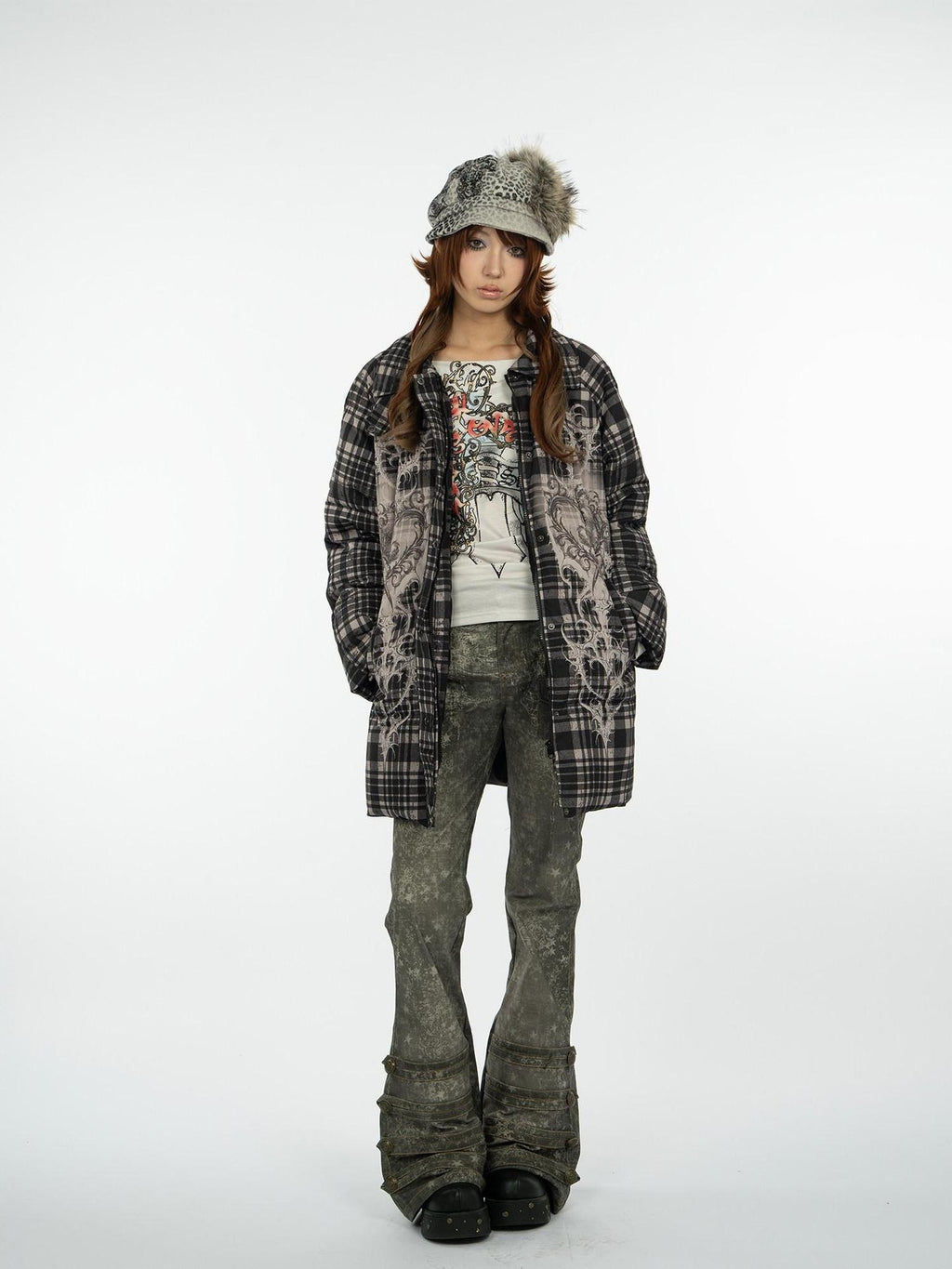 4RE1GN Vintage Check Bear Heart Detachable Fur Women's 90 White Duck Down Down Jackets
