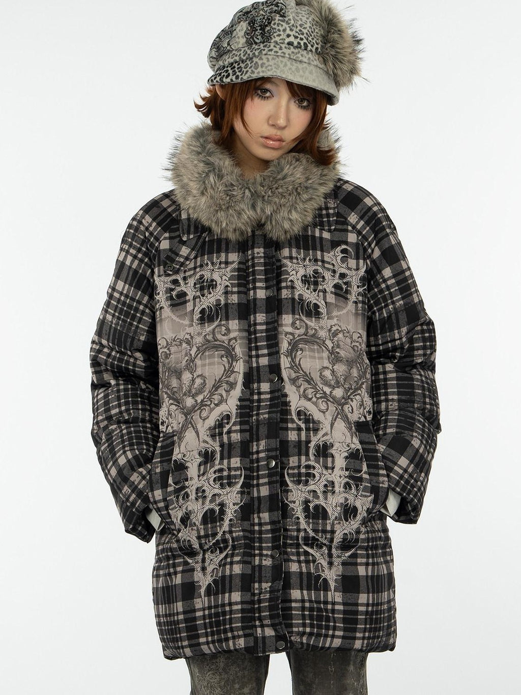 4RE1GN Vintage Check Bear Heart Detachable Fur Women's 90 White Duck Down Down Jackets