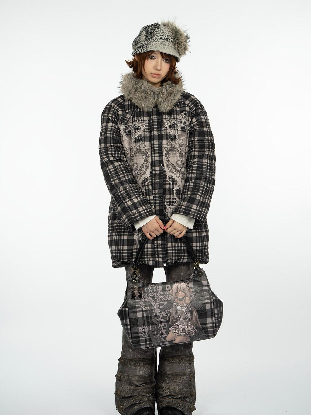 4RE1GN Vintage Check Bear Heart Detachable Fur Women's 90 White Duck Down Down Jackets