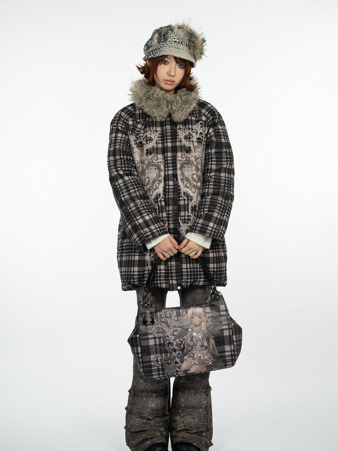 4RE1GN Vintage Check Bear Heart Detachable Fur Women's 90 White Duck Down Down Jackets