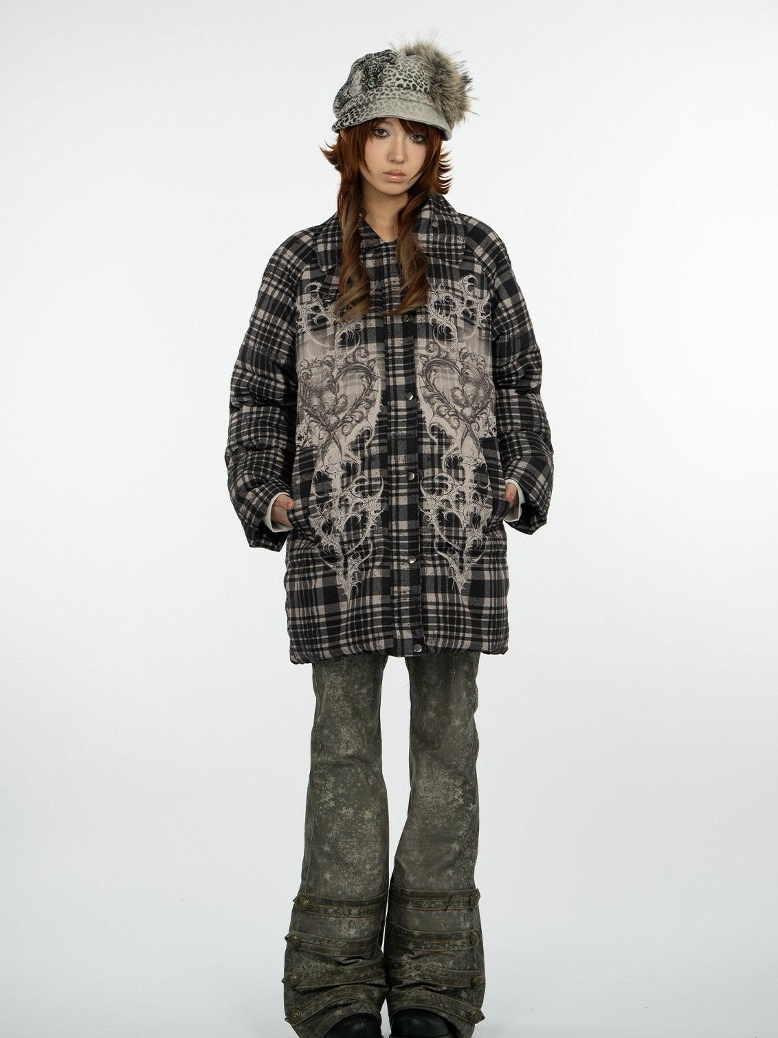 4RE1GN Vintage Check Bear Heart Detachable Fur Women's 90 White Duck Down Down Jackets