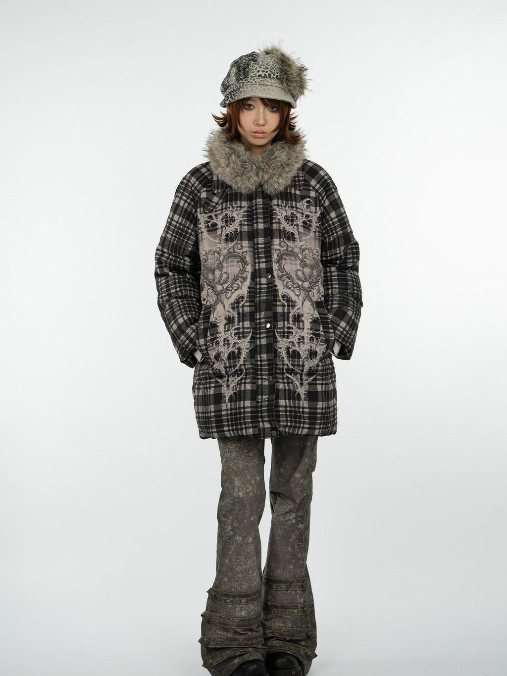 4RE1GN Vintage Check Bear Heart Detachable Fur Women's 90 White Duck Down Down Jackets