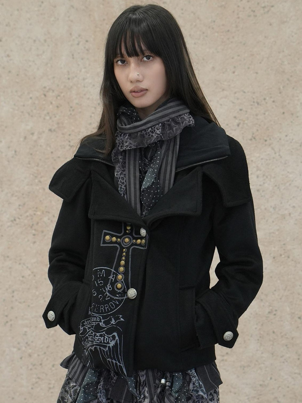 4RE1GN Vintage Cross Print Studded Faux Two Piece Women's Wool Blend Wool Coats