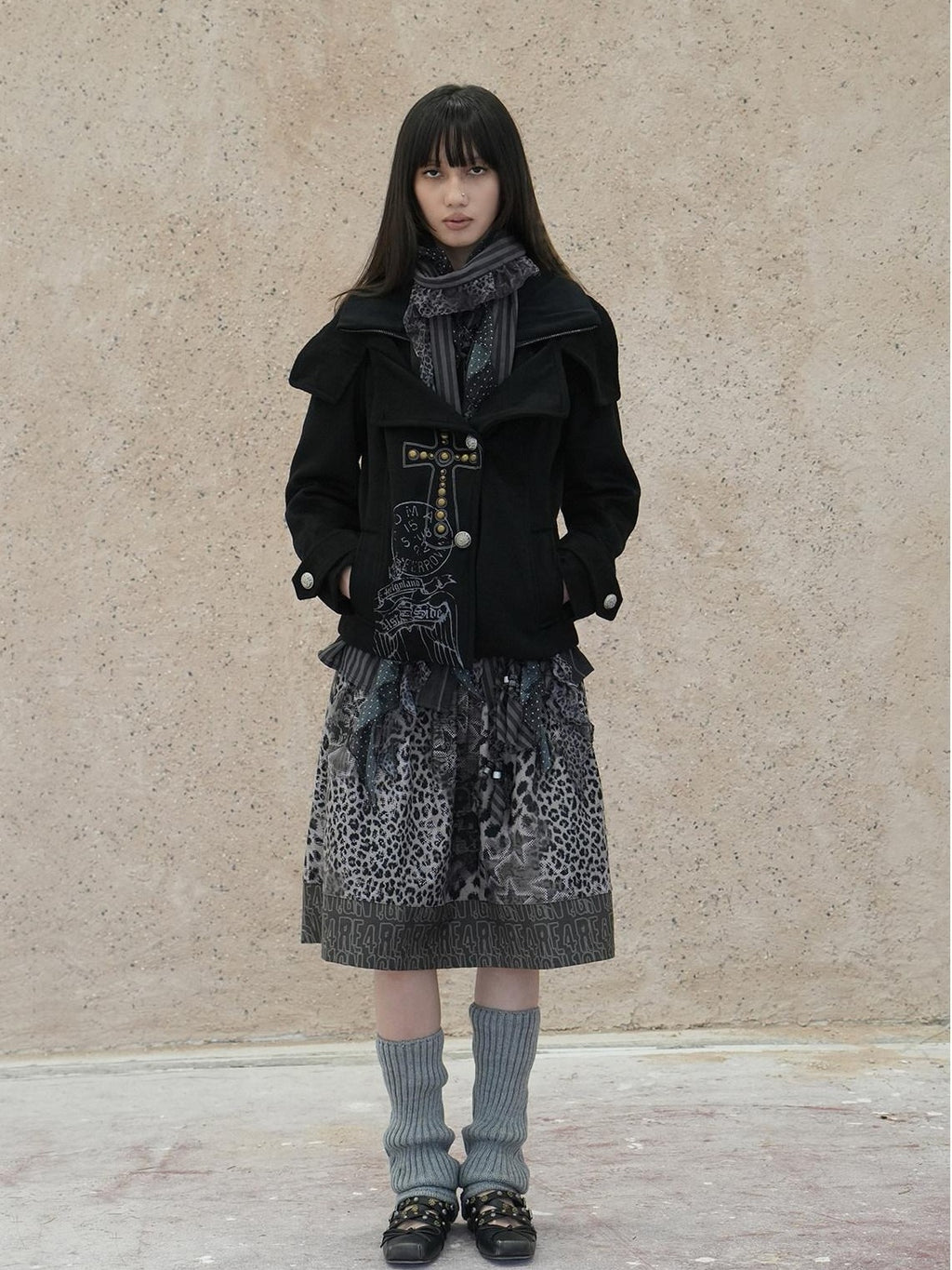 4RE1GN Vintage Cross Print Studded Faux Two Piece Women's Wool Blend Wool Coats