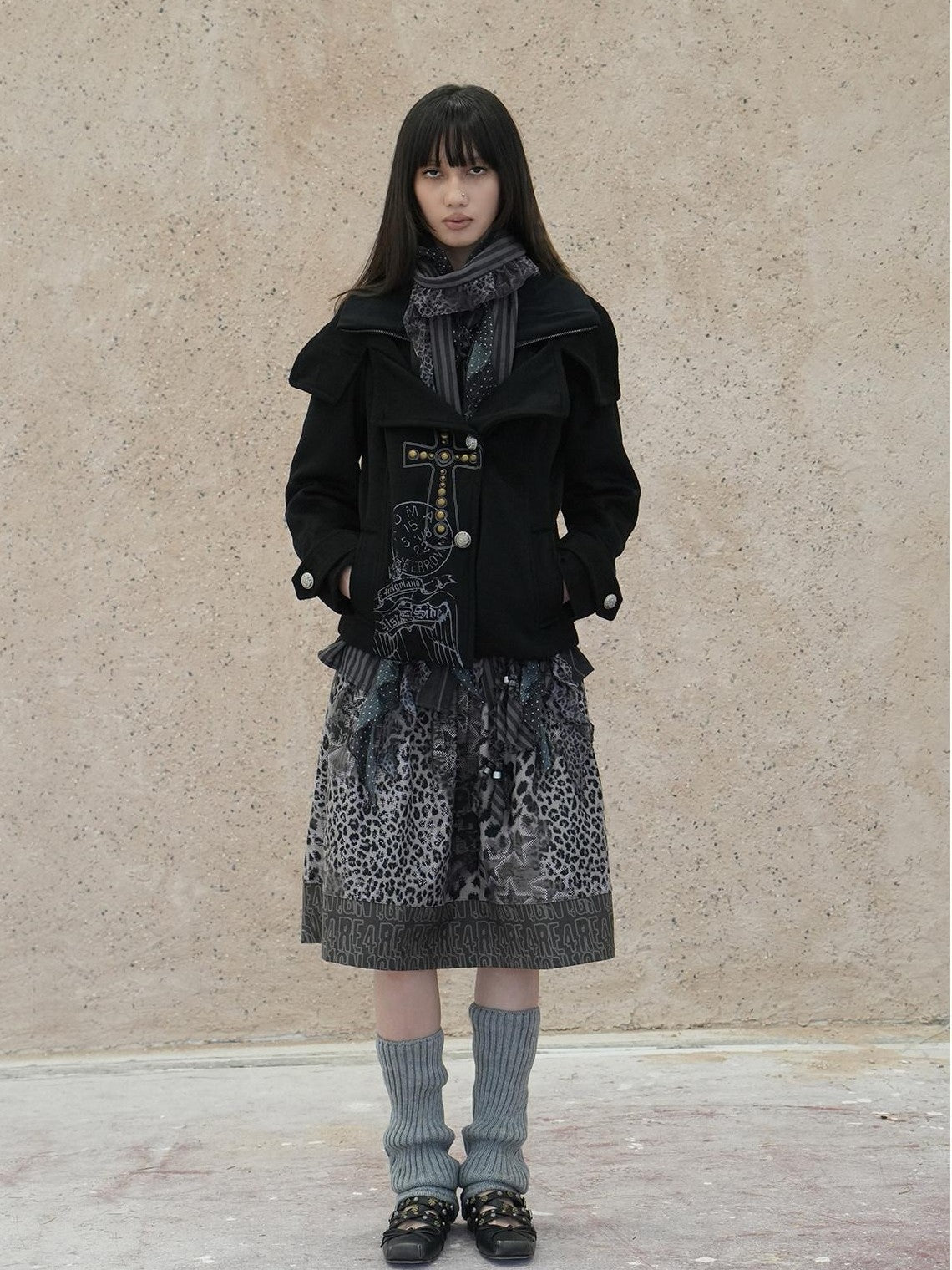 4RE1GN Vintage Cross Print Studded Faux Two Piece Women's Wool Blend Wool Coats