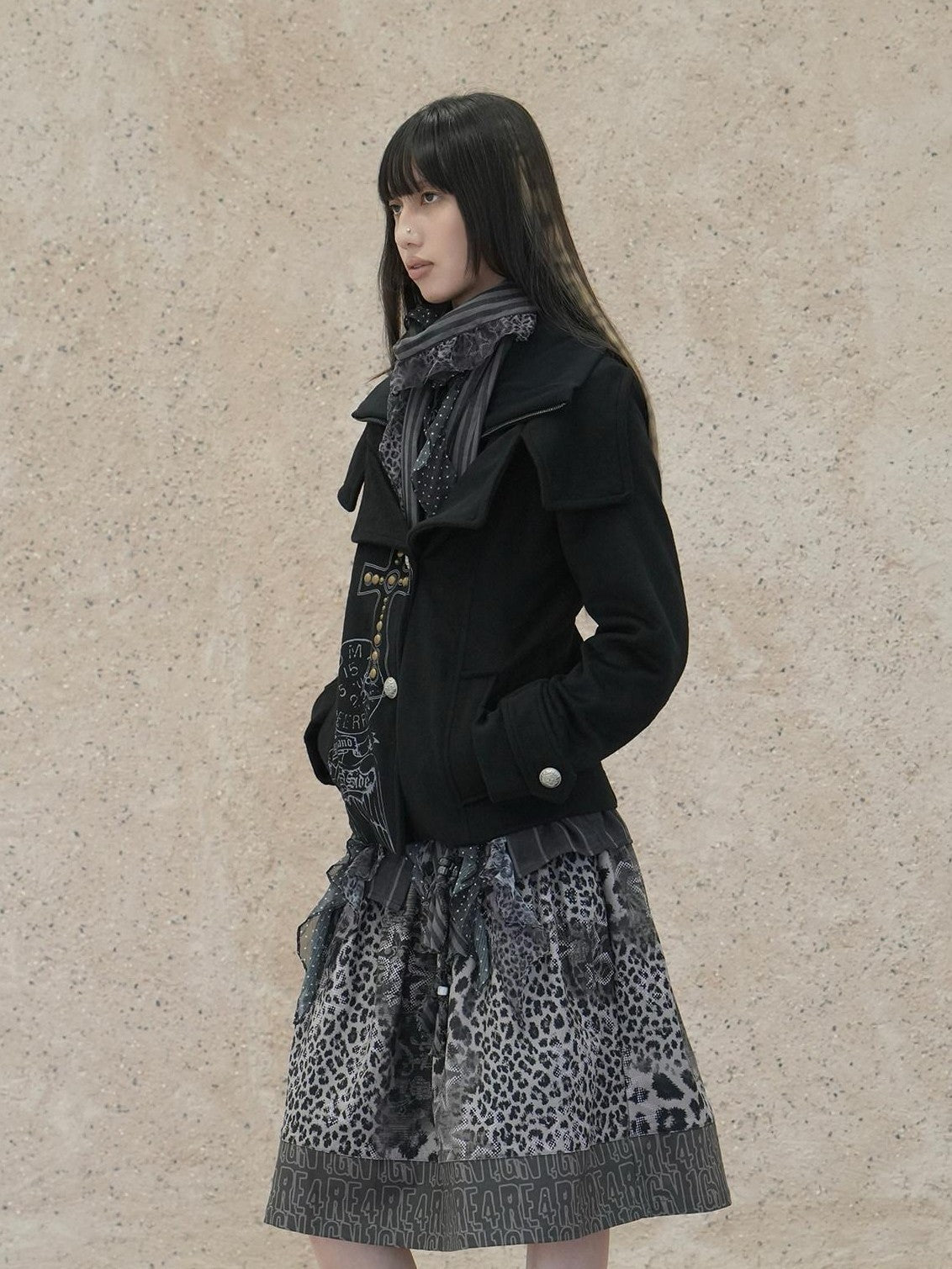 4RE1GN Vintage Cross Print Studded Faux Two Piece Women's Wool Blend Wool Coats